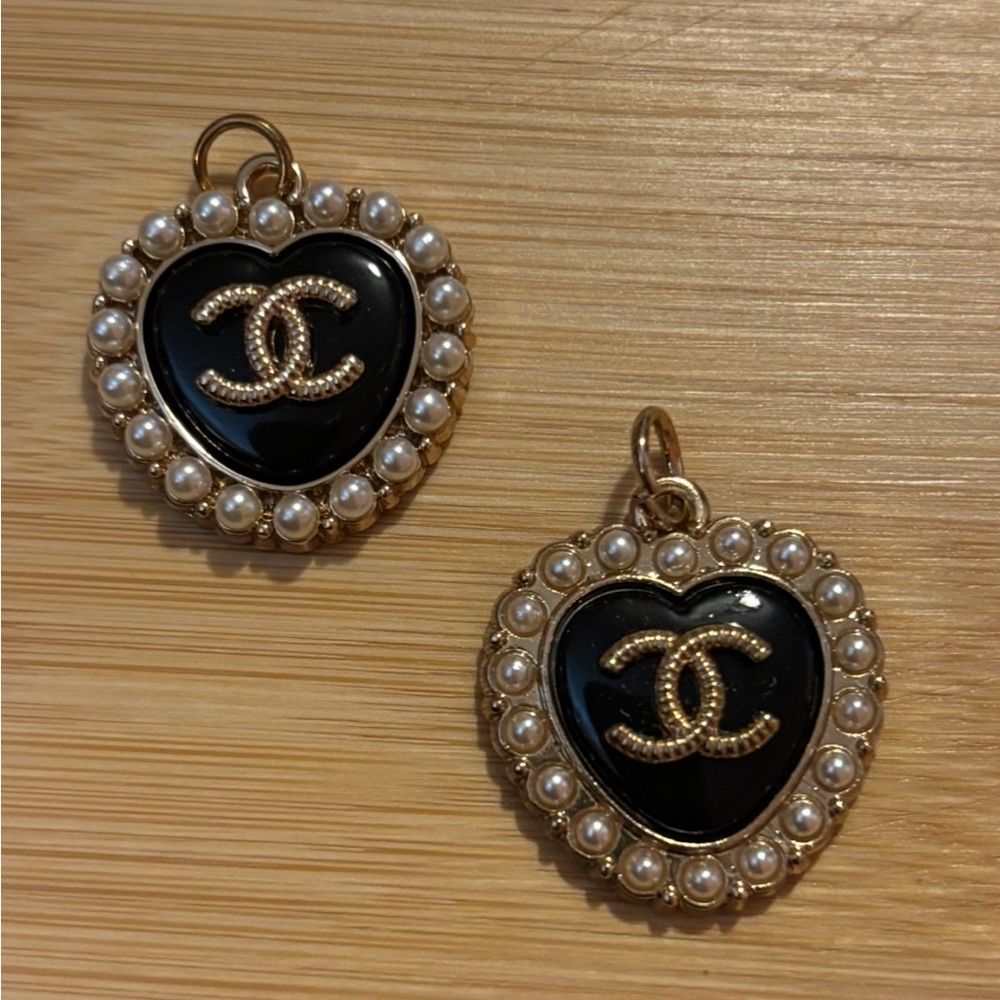 CHANEL Black and Gold Heart  with Pearls Pendant or Earrings